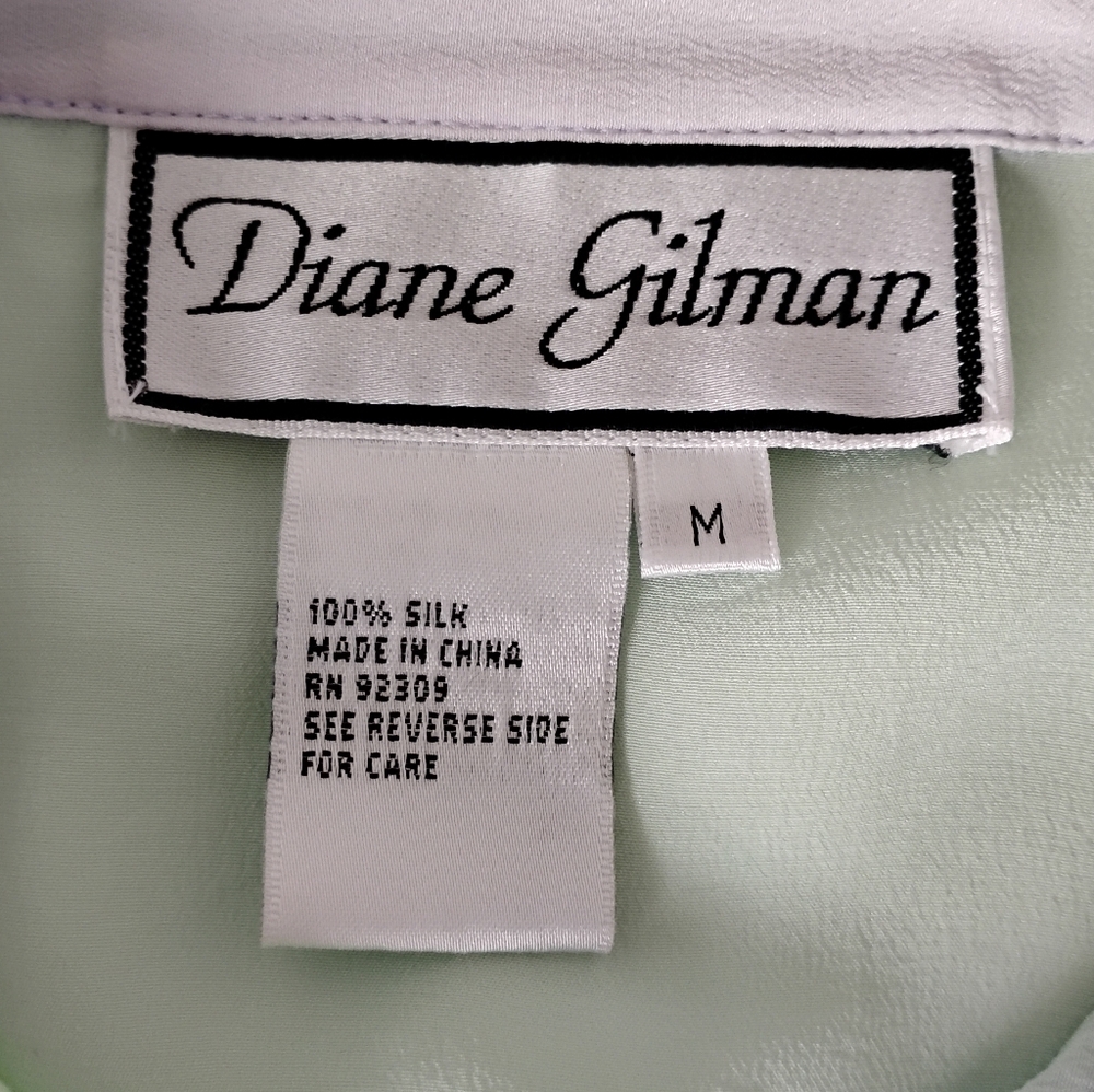 Diane Gilman Silk Beaded Button Up Blouse Pastel Chartreuse Lilac Size Medium - Picture 12 of 14